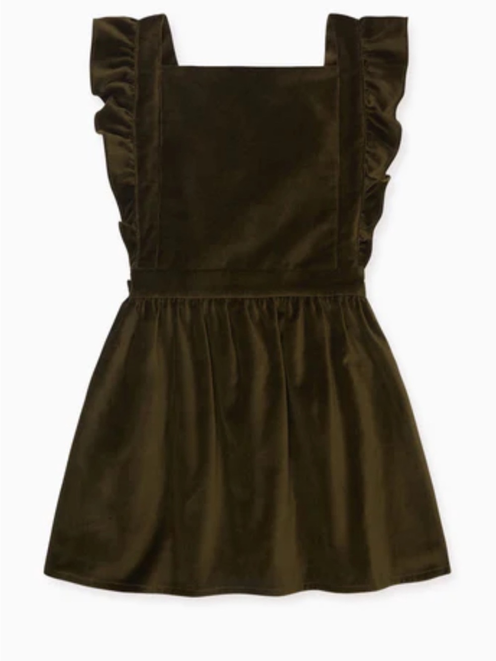 Girls Olive Green Velvet Ruffle Strap Pinafore Dress